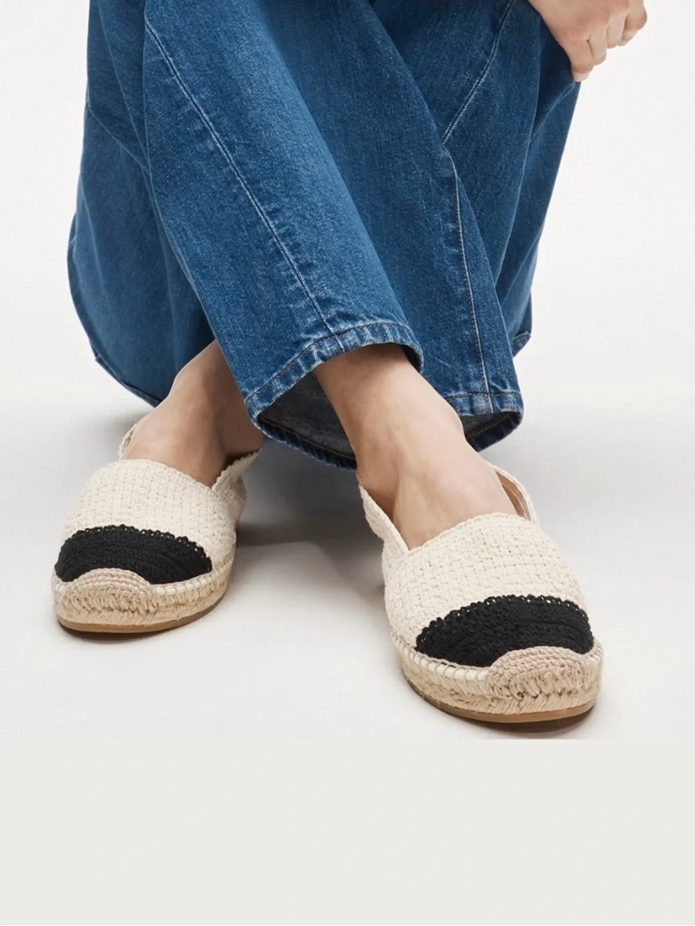 J.Crew Made-in-Spain two-tone color block crochet espadrille ~ 6.5 ~ Ivory/Black